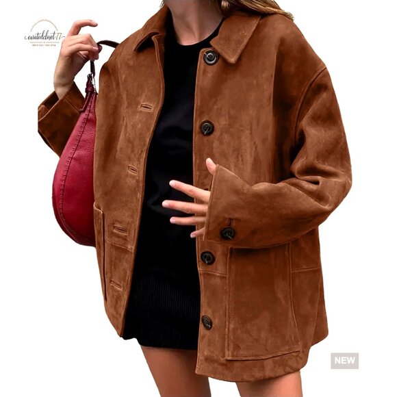 Jackets & Blazers - Faux Suede Leather Boyfriend Shacket Midi Long Button Down Casual Coat